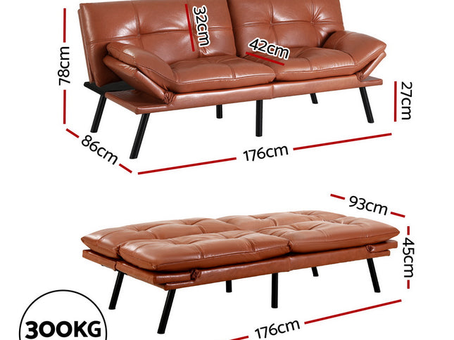Artiss Sofa Bed Convertible 3 Seater Couch Recliner Lounge Chair Leather Brown
