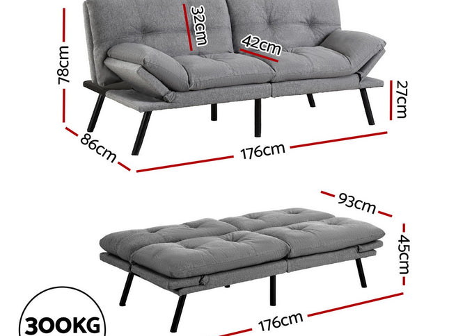 Artiss Sofa Bed Convertible 3 Seater Couch Recliner Lounge Chair Fabric Grey