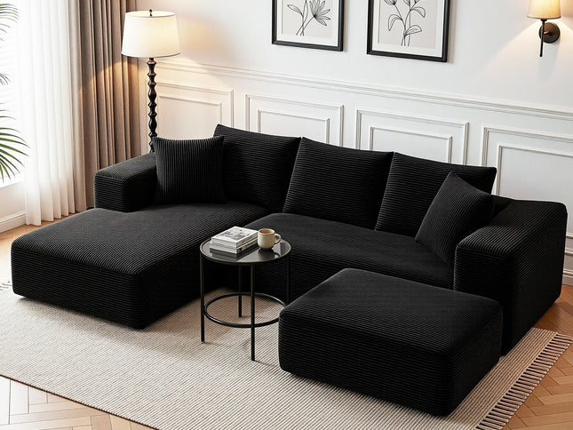 Artiss Modular Sofa Bed with Ottoman Sectional Boneless Couches for Living Room Corduroy Compressed Sofa Black