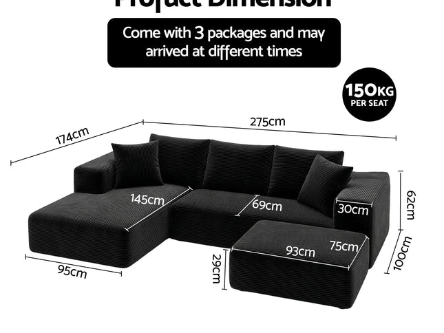 Artiss Modular Sofa Bed with Ottoman Sectional Boneless Couches for Living Room Corduroy Compressed Sofa Black