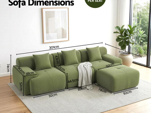 Artiss 300cm Modular Sofa Bed Comfort L-Shaped Sectional Boneless Couch Green