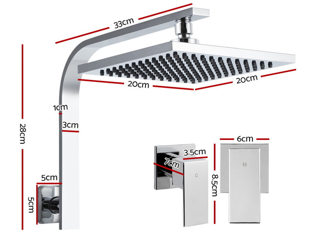 Cefito 8'' Rain Shower Head Wall Arm Square High Pressure Twins Tap Chrome