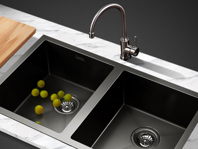 Cefito Kitchen Sink 77X45CM Stainless Steel Basin Double Bowl Black