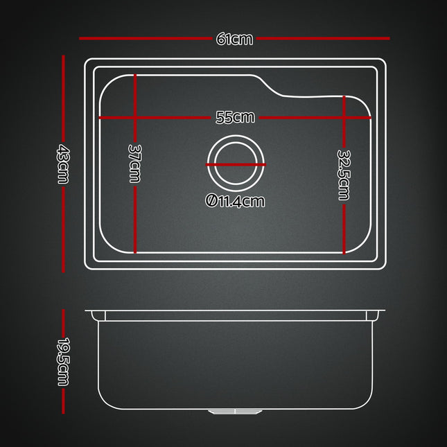 Cefito Kitchen Sink 61X43CM Stainless Steel Basin Single Bowl Black Drain Basket