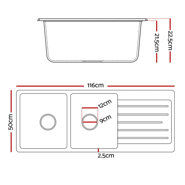 Cefito Kitchen Sink 116x50cm Granite Stone Sink Double Bowl Black