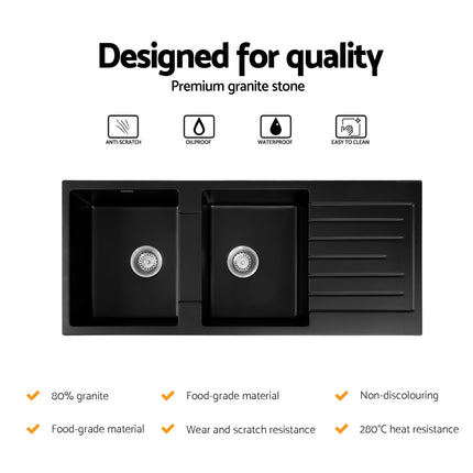 Cefito Kitchen Sink 116x50cm Granite Stone Sink Double Bowl Black