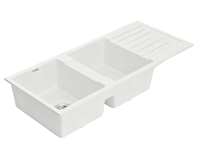 Cefito Kitchen Sink 116x50cm Granite Stone Sink Double Bowl White