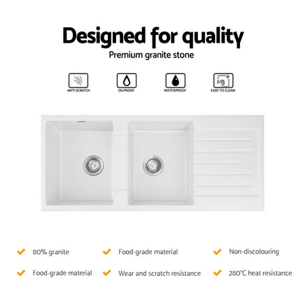 Cefito Kitchen Sink 116x50cm Granite Stone Sink Double Bowl White