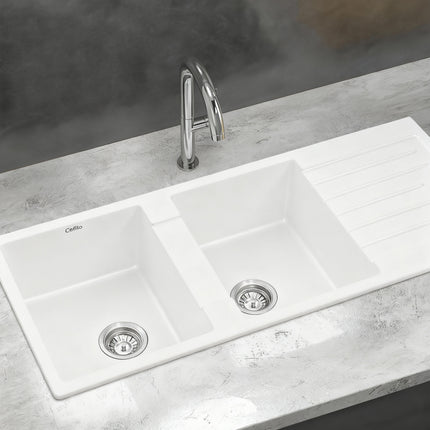Cefito Kitchen Sink 116x50cm Granite Stone Sink Double Bowl White