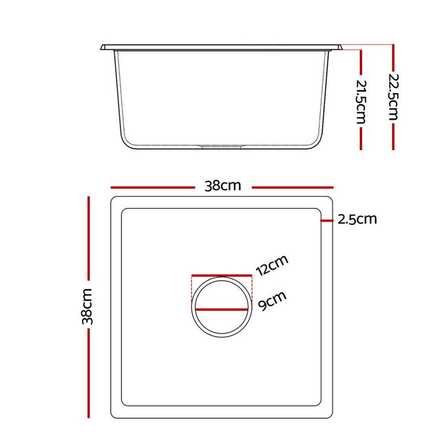 Cefito Kitchen Sink 38x38cm Granite Stone Sink Single Bowl Black