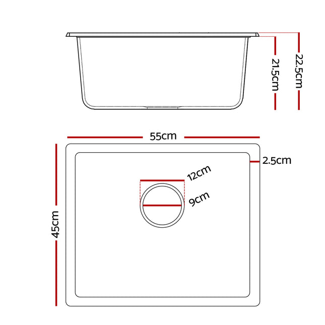 Cefito Kitchen Sink 55x45cm Granite Stone Sink Single Bowl Black