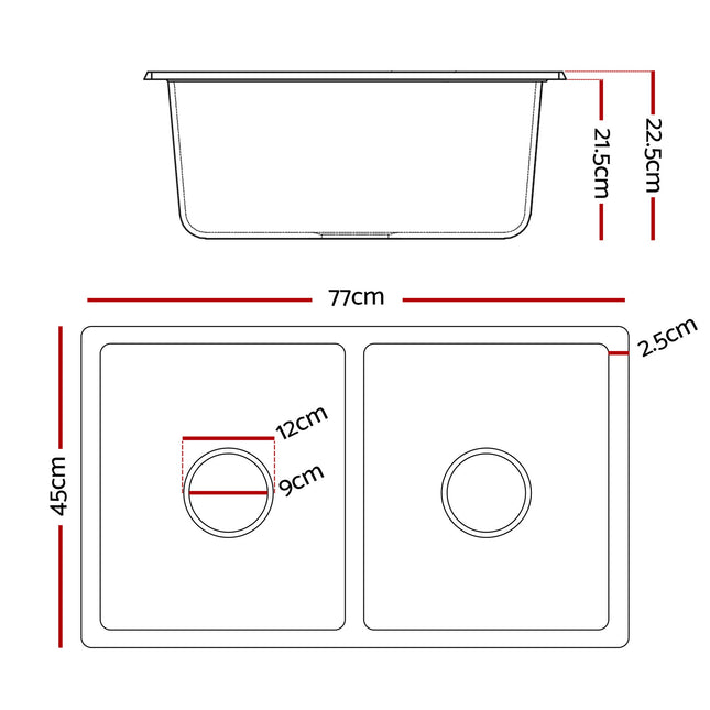 Cefito Kitchen Sink 77x45cm Granite Stone Sink Double Bowl Black