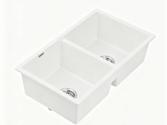 Cefito Kitchen Sink 77x45cm Granite Stone Sink Double Bowl White