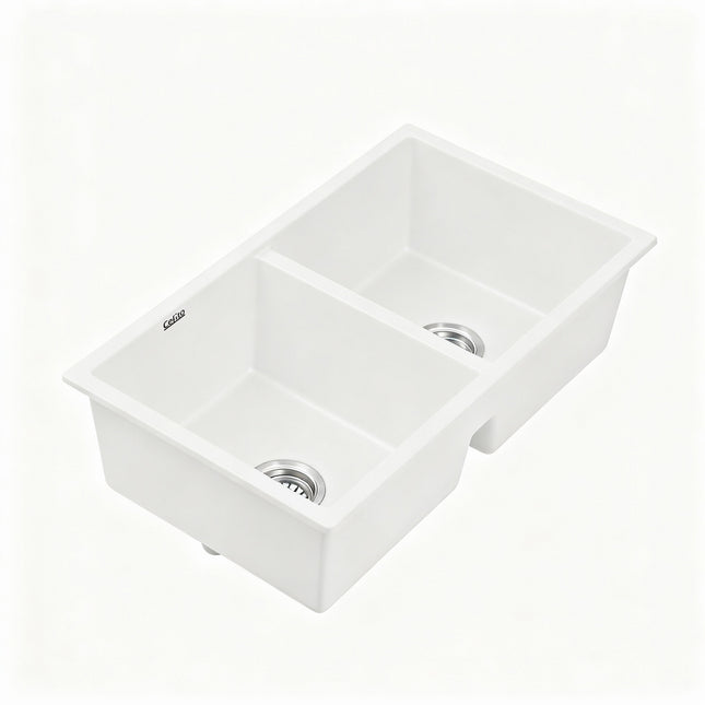 Cefito Kitchen Sink 77x45cm Granite Stone Sink Double Bowl White