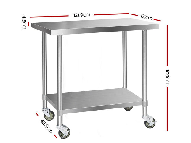 Cefito 1219x610mm Stainless Steel Kitchen Bench with Wheels 304