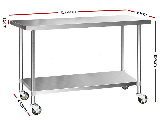 Cefito 1524x610mm Stainless Steel Kitchen Bench with Wheels 304