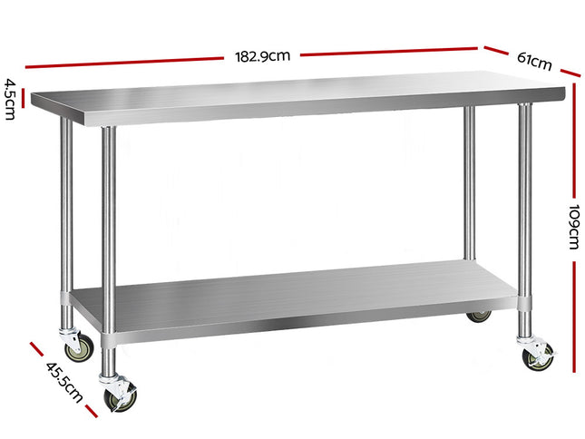 Cefito 1829x610mm Stainless Steel Kitchen Bench with Wheels 304