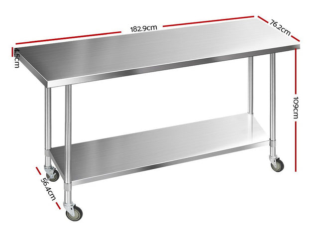 Cefito 1829x760mm Stainless Steel Kitchen Bench with Wheels 430