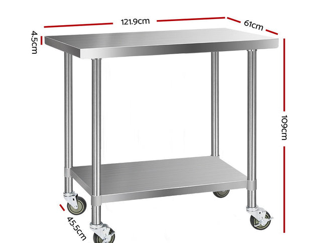 Cefito 1219x610mm Stainless Steel Kitchen Bench with Wheels 430