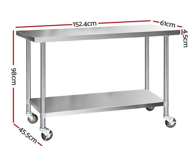 Cefito 1524x610mm Stainless Steel Kitchen Bench with Wheels 430