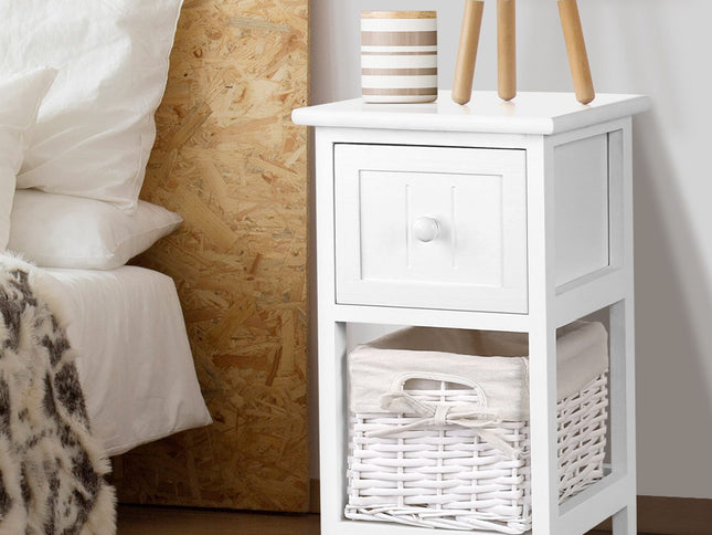 Artiss Bedside Table 1 Drawer with Basket Rustic White X2