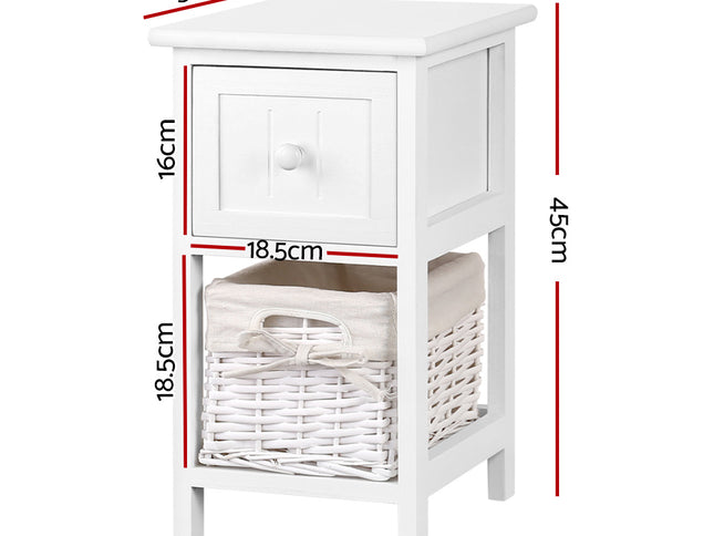 Artiss Bedside Table 1 Drawer with Basket Rustic White X2