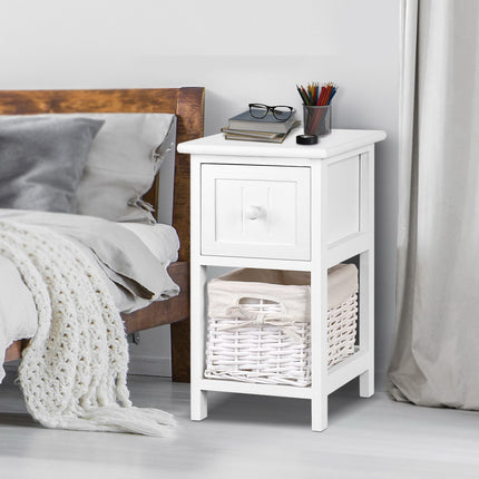 Artiss Bedside Table 1 Drawer with Basket Rustic White X2