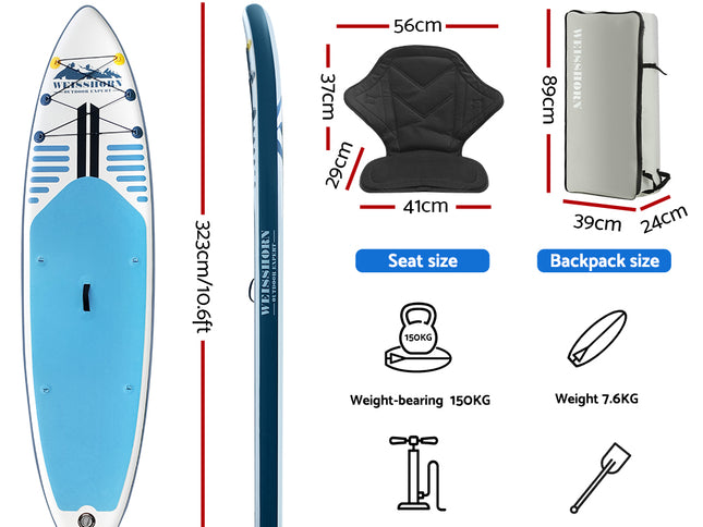 Weisshorn Stand Up Paddle Board 10.6ft Inflatable SUP Surfboard Paddleboard Kayak Surf Blue