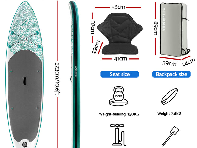 Weisshorn Stand Up Paddle Board 10.6ft Inflatable SUP Surfboard Paddleboard Kayak Surf Green