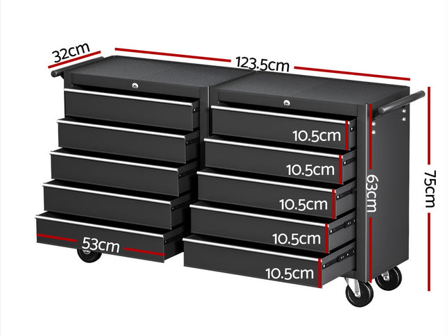 Giantz Tool Chest Trolley 10 Drawers Toolbox Storage Black