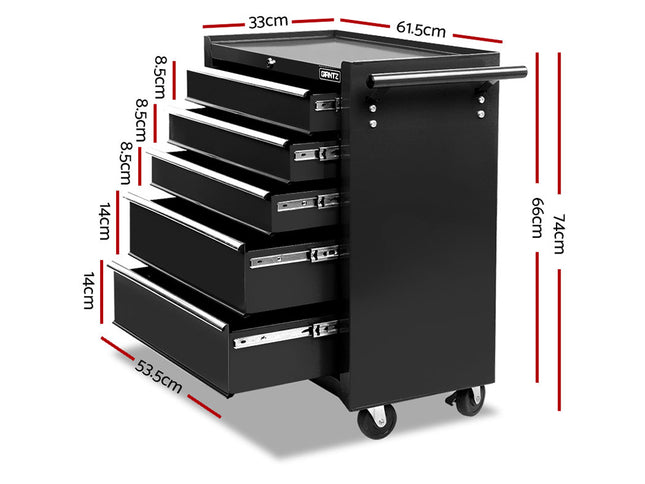 Giantz 5 Drawer Tool Box Cabinet Chest Trolley Box Garage Storage Toolbox Black