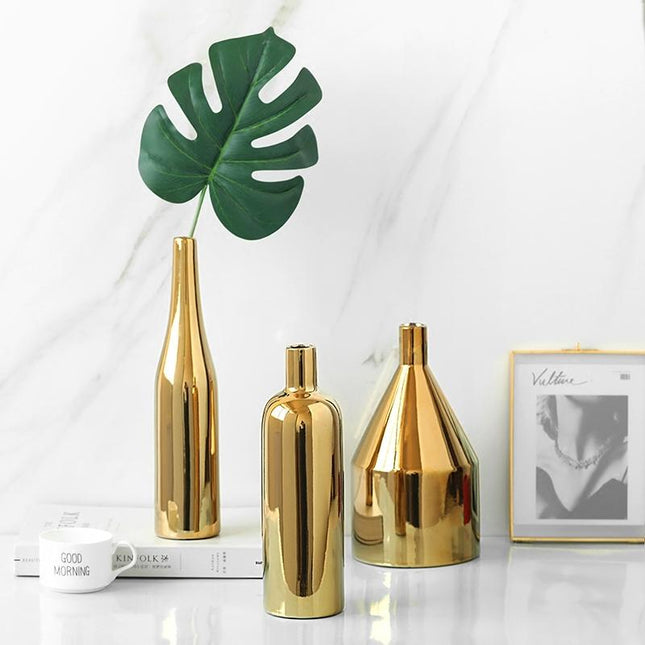 Gold Plated Ceramic Flower Vase - Desktop Decorative Three-Piece Set-1915197834530000897