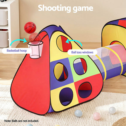 Keezi Kids Play Tent Pop Up Teepee Playhouse Ball Pit Crawl Tunnel Basketball Hoop