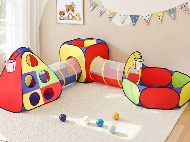 Keezi Kids Play Tent Pop Up Teepee Playhouse Ball Pit Crawl Tunnel Basketball Hoop