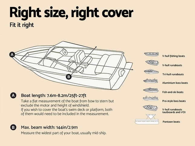 Seamanship Boat Cover 25-27ft Trailerable Jumbo Marine 600D Heavy Duty Grey