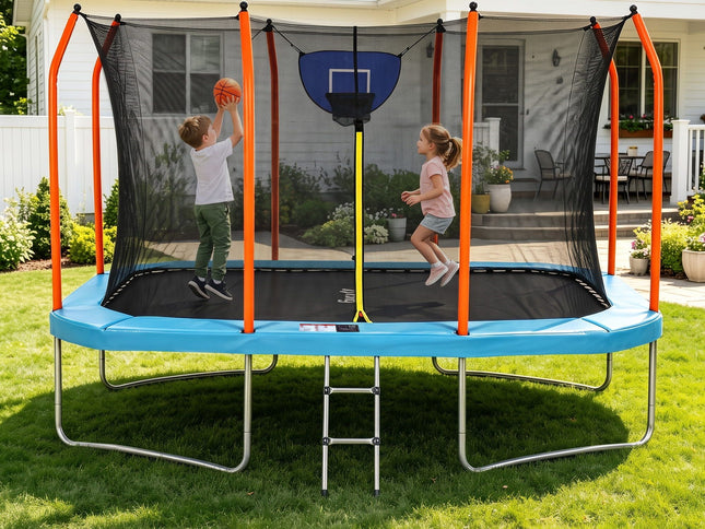 Everfit 12FT Kids Trampoline Rectangle Rebounder with Basketball Set Blue