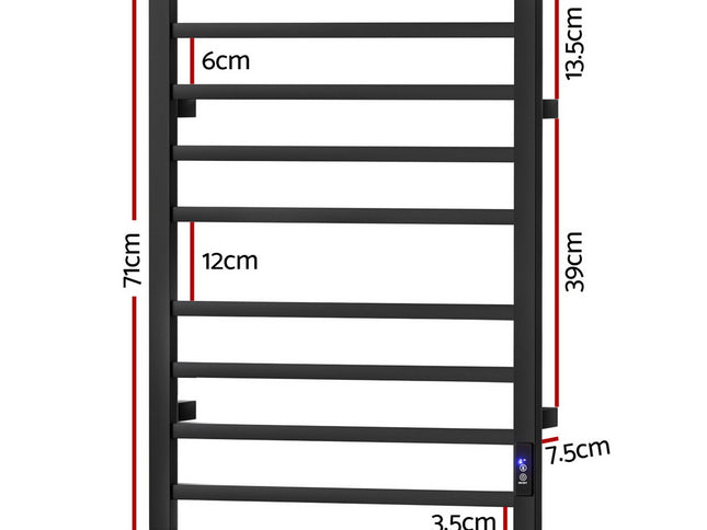 Devanti Heated Towel Rail 8 Square Bars with Timer Electric Heater Warmer Rack