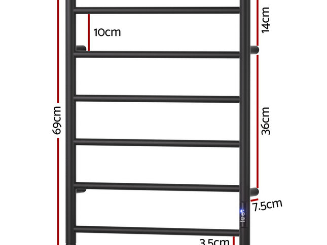 Devanti Heated Towel Rail 6 Round Bars  with Timer Electric Heater Warmer Rack
