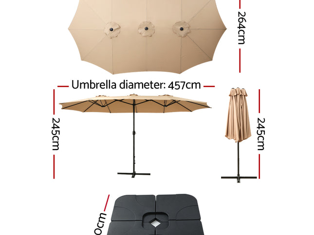 Instahut 4.57m Outdoor Umbrella w/Base Stand Beach Pole Garden Tilt Beige