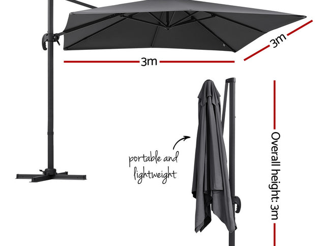 Instahut Outdoor Umbrella 3m Umbrellas Cantilever Stand Sun Roma 360 Degree Charcoal