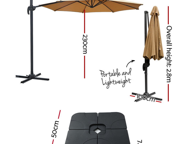 Instahut 3m Outdoor Umbrella w/Base Cantilever Beach Roma 360 Degree Tilt Beige