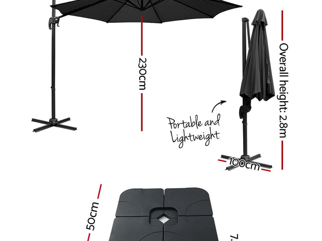 Instahut 3m Outdoor Umbrella w/Base Cantilever Beach Roma 360 Degree Tilt Black