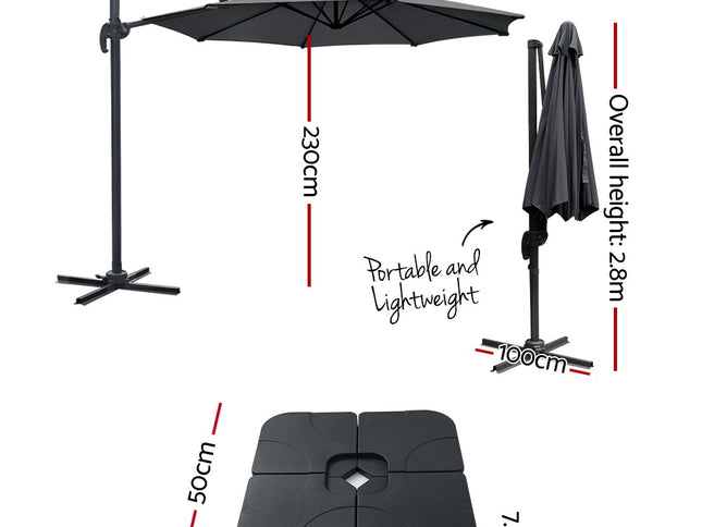 Instahut 3m Outdoor Umbrella w/Base Cantilever Beach Roma 360 Degree Tilt Charcoal
