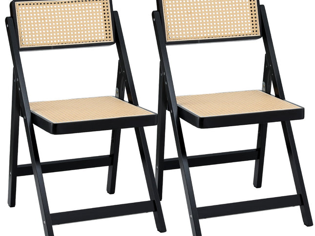 Artiss 2x Dining Chairs Wooden Rattan Foldable Black