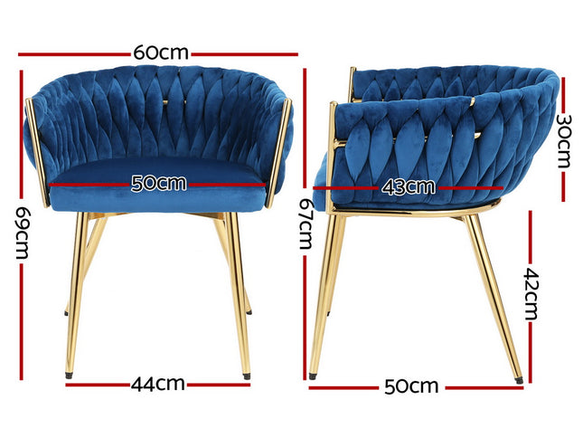 1 Set of 2 Artiss Dining Chairs Velvet Weaving Armchair Blue