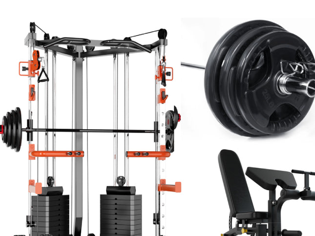 SmartFit C1 Max Multi Functional Cable Crossover Station 130kgs Pin Loaded  Machine + Multi Func Bench+7Ft Olympic Barbell + 100kgs Weights