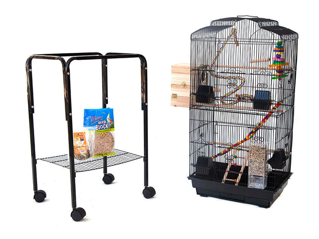 Samland Dome Top High Bird Cage on Stand with Play Toys Black