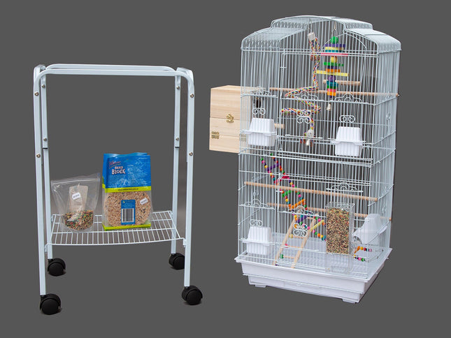 Samland DOME TOP HIGH BIRD CAGE ON STAND WITH PLAY TOYS WHITE