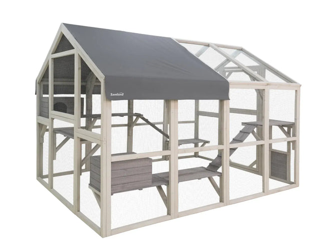 Samland Large Wooden Outdoor Cat House Catio with Platforms, Ramps, Cozy Houses and Weatherproof Roof