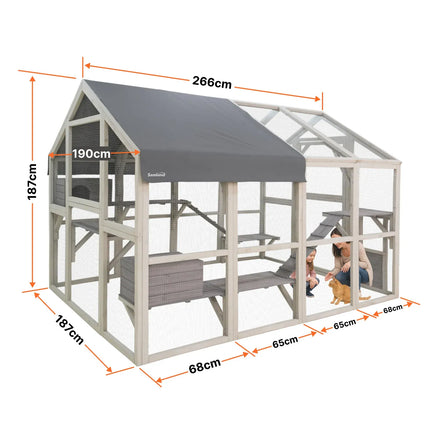 Samland Large Wooden Outdoor Cat House Catio with Platforms, Ramps, Cozy Houses and Weatherproof Roof